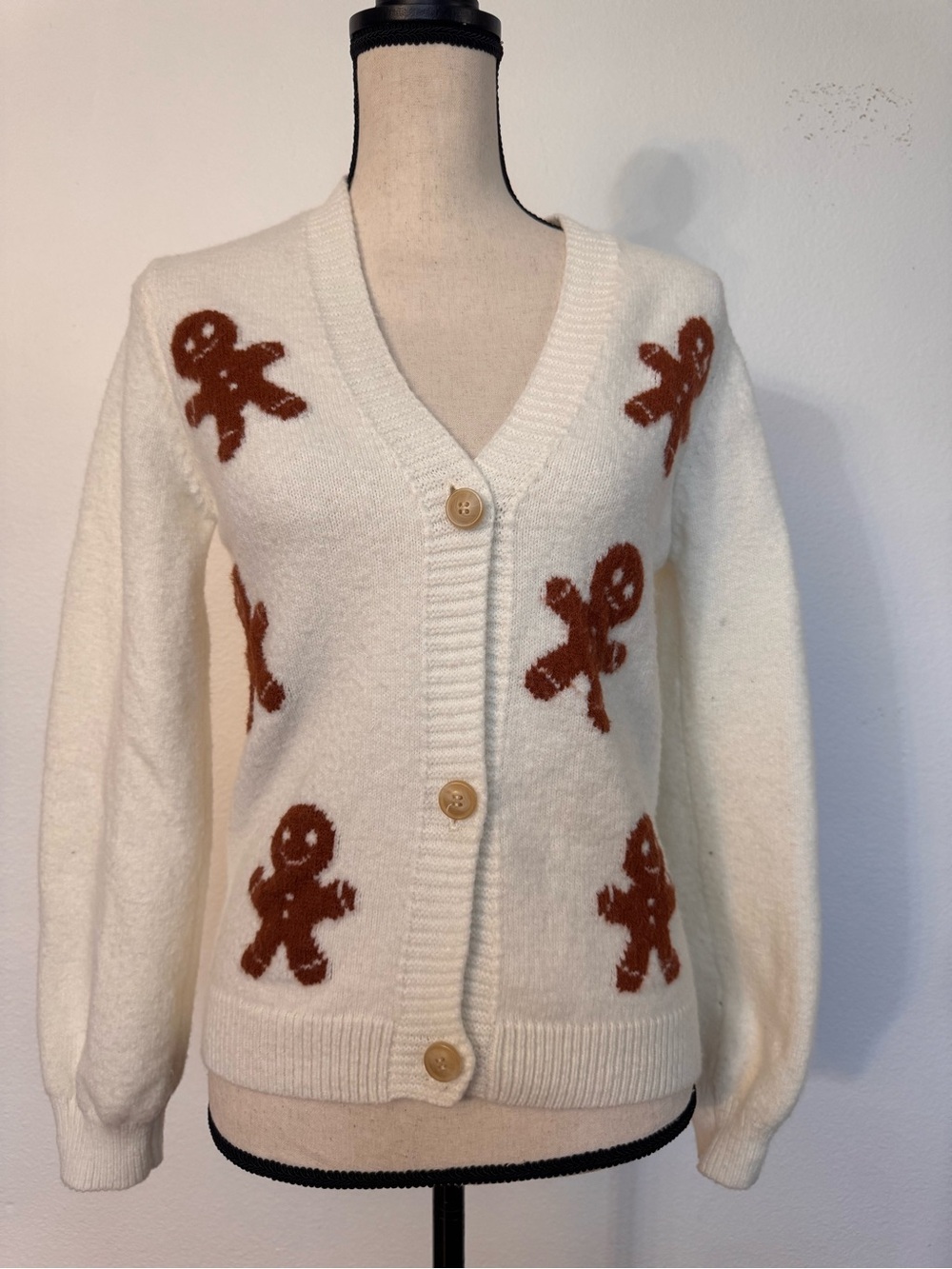 Cream Cardigan Sweater with Brown Gingerbread Motifs